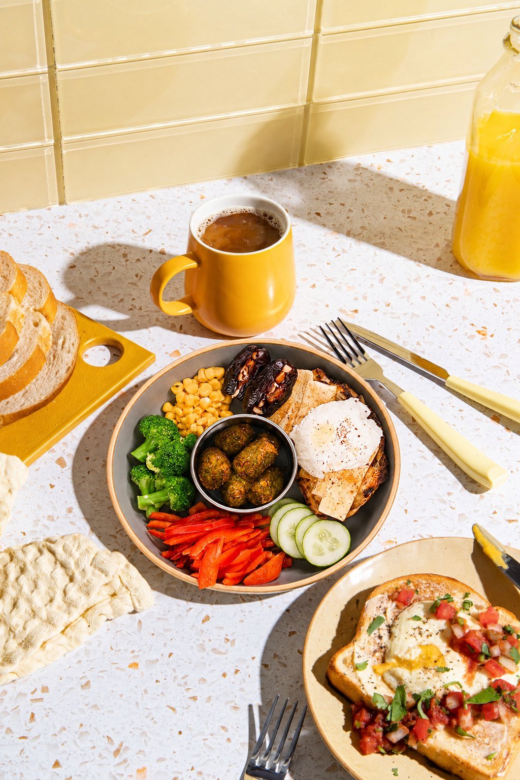 A hearty breakfast plate with falafel, egg, vegetables and toast